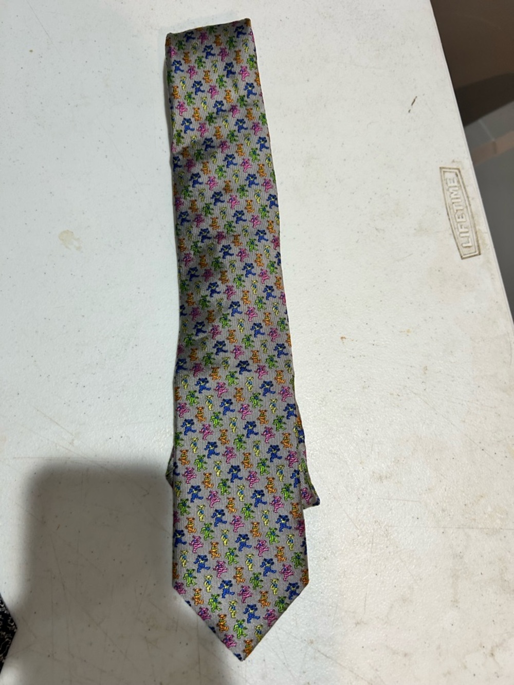 Men's Multicolor Micro-Pattern Silk Tie - Light Gray Base Grateful Dead Bears